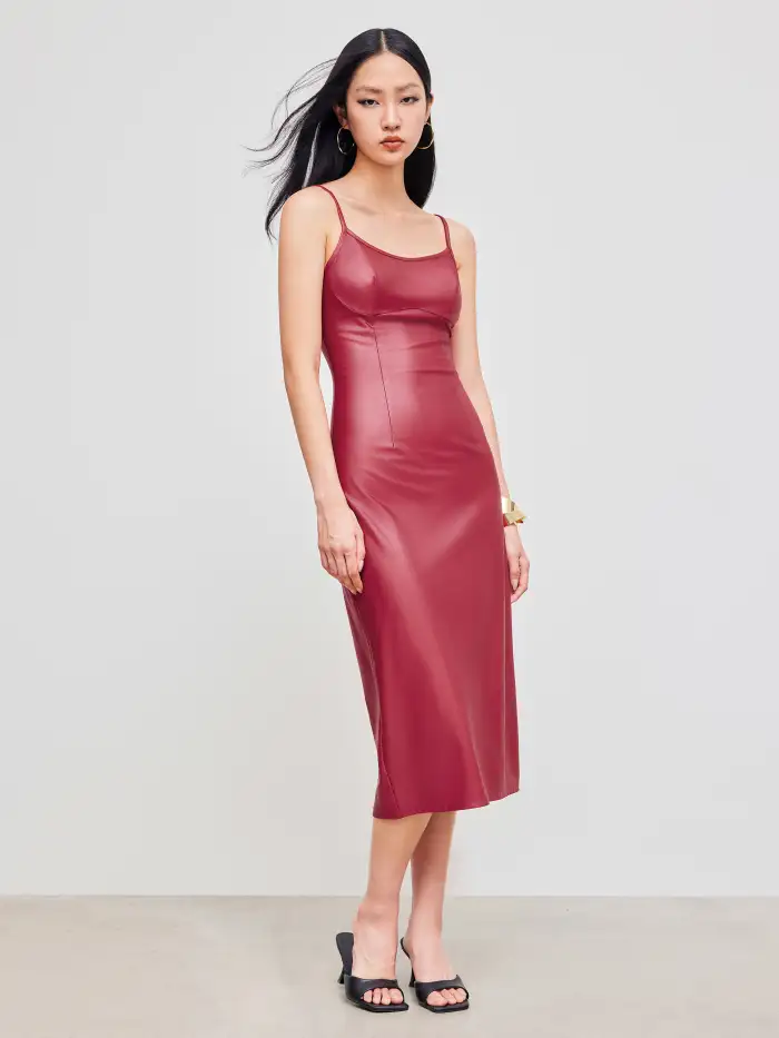 Knit Fabric V-neck Solid Split Cami Midi Dress For Wedding