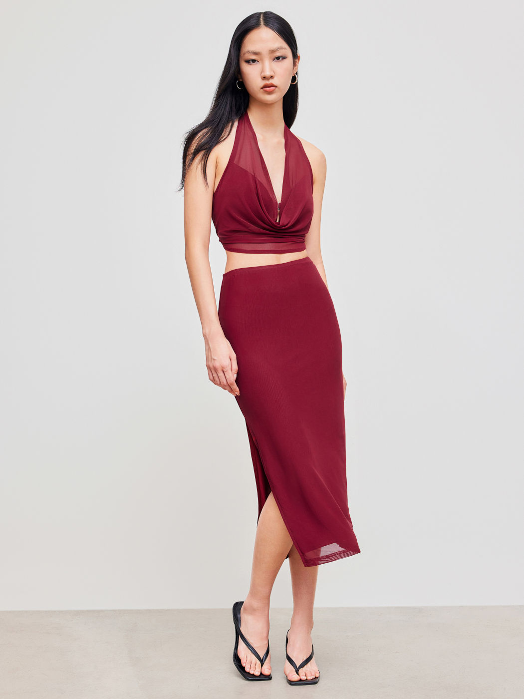  Halter Neckline Solid Crop Top With Mid Rise Solid Split Fitted Midi Skirt