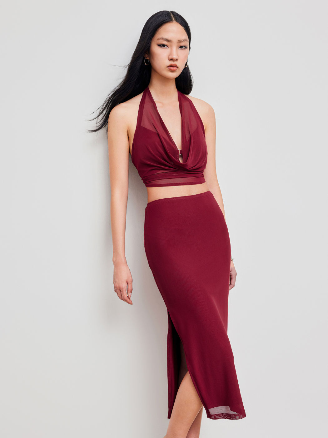  Halter Neckline Solid Crop Top With Mid Rise Solid Split Fitted Midi Skirt