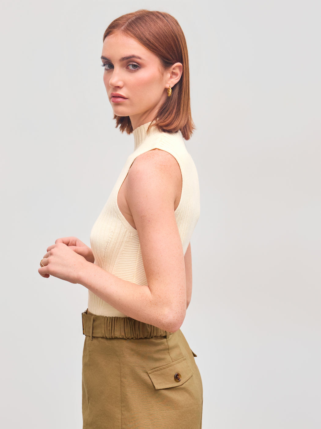 Knit High Neck Solid Rib Tank Top