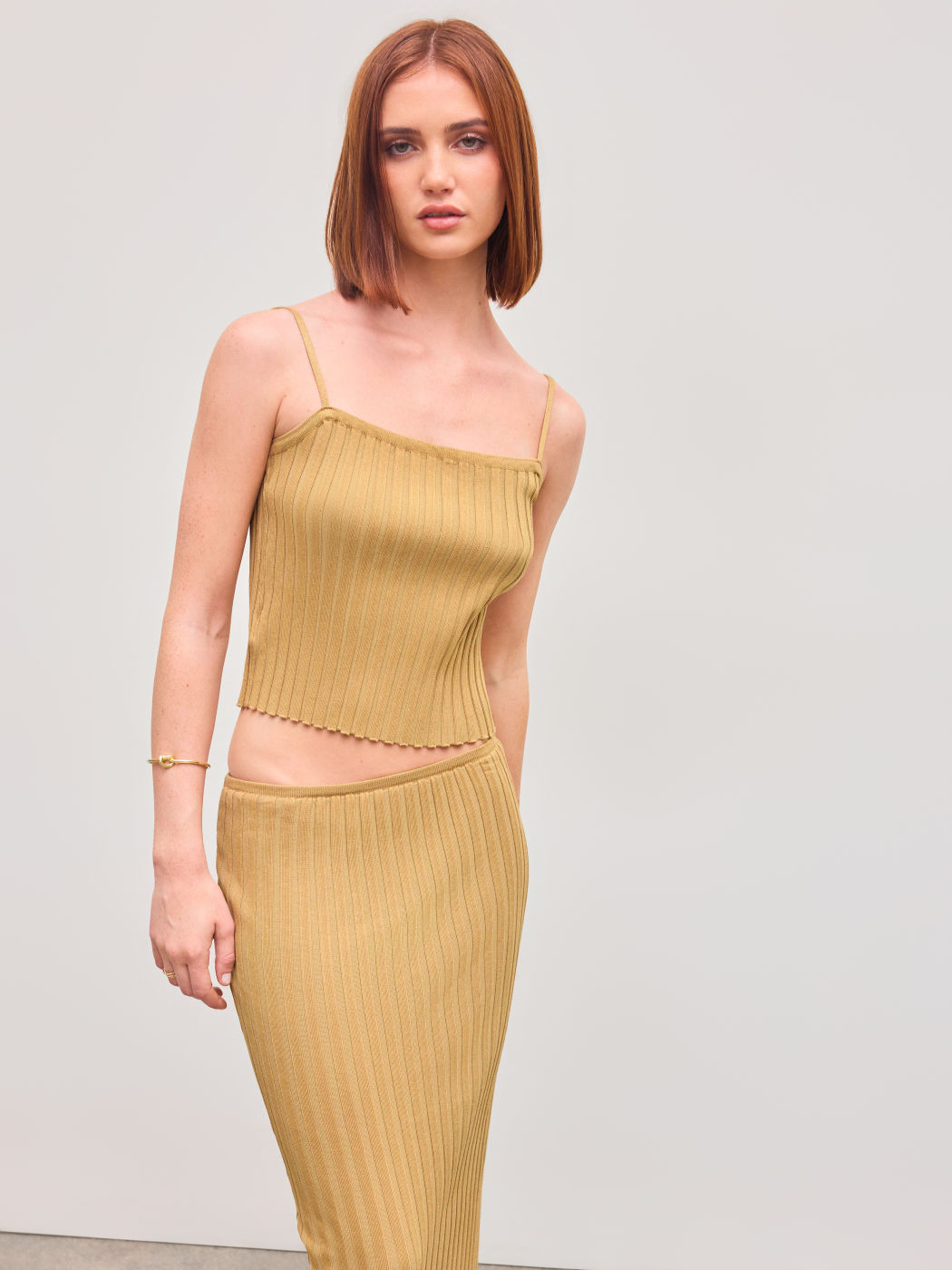 Knit Square Neck Solid Cami Top With Knit Mid Rise Solid Midi Skirt