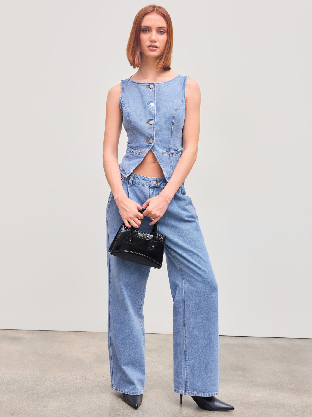 Denim Boat Neck Solid Button Vest