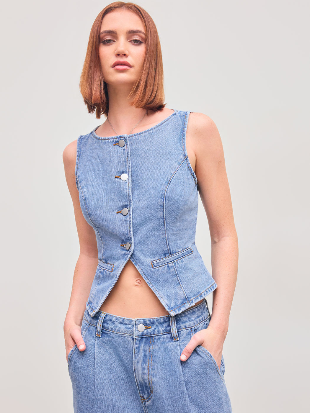 Denim Boat Neck Solid Button Vest