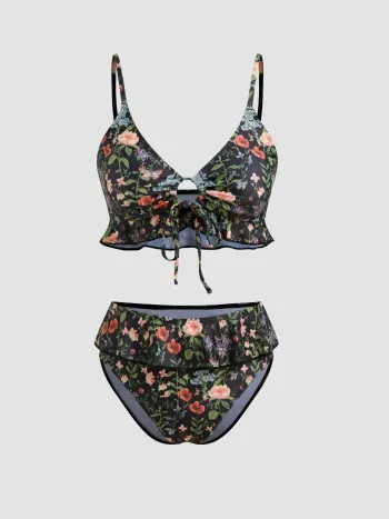 V-Ausschnitt Erdbeergrafik Armband Schalkhaftes Bikini Badekleid