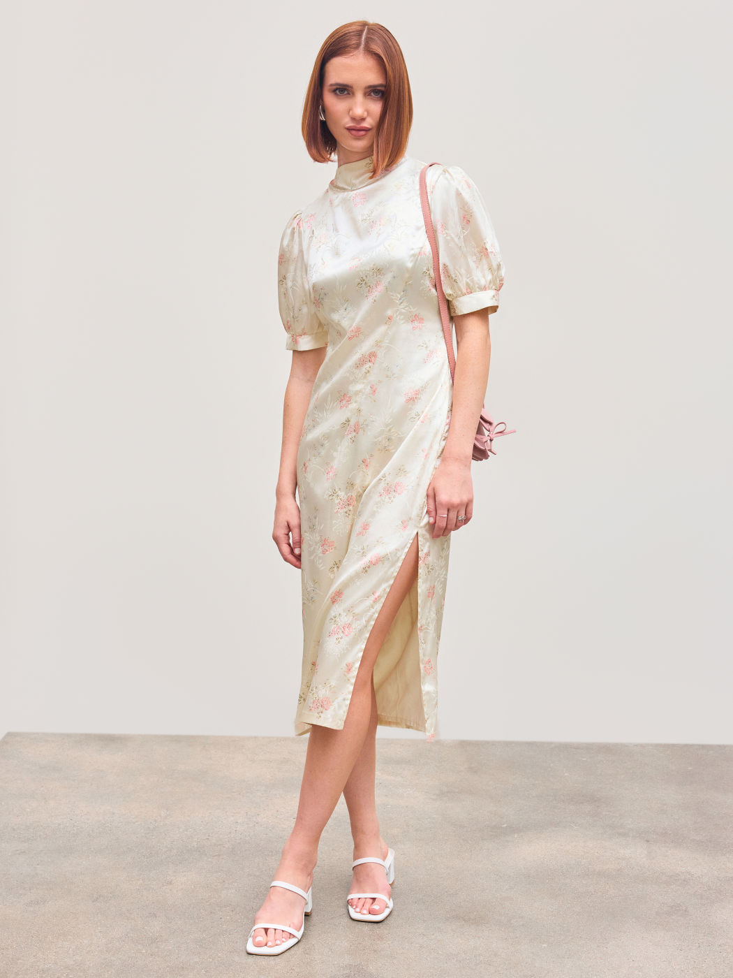 Satin Stehkragen Blumen Split Midikleid Cheongsam