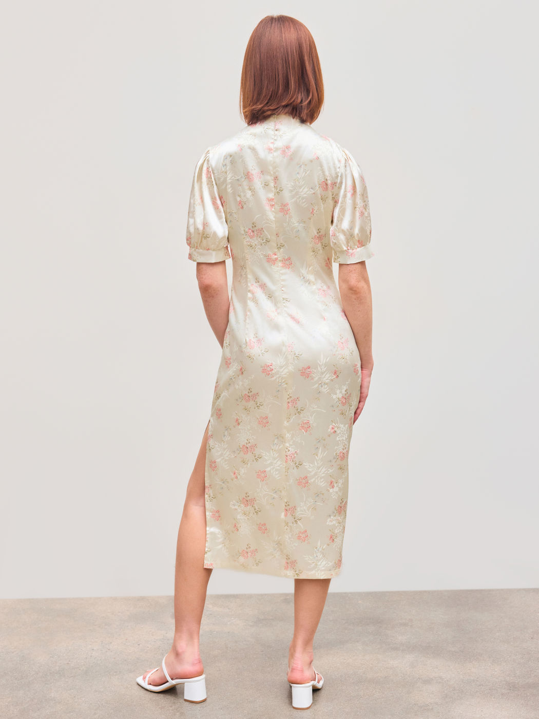 Satin Stehkragen Blumen Split Midikleid Cheongsam
