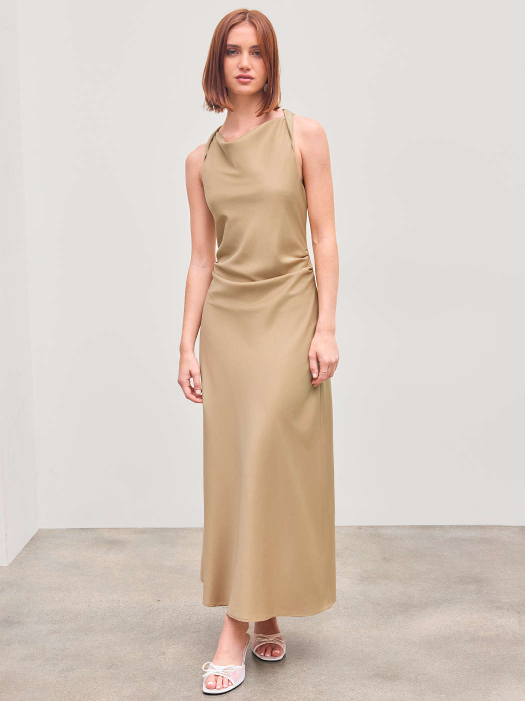 Satin Satin Cowl Neck Solid Ruched Midi Dress For Work