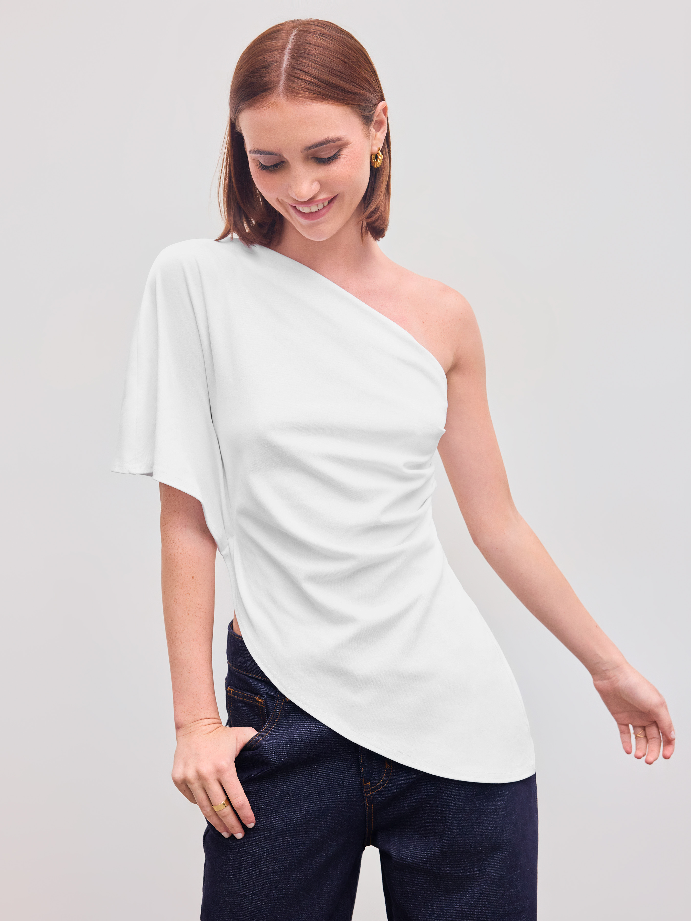 トップス Asymmetric Cotton-blend Jersey Top Woven Cotton Cotton-blend Asymmetrical Neck Solid Middle