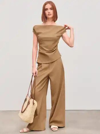 Off-shoulder Solid Texture Ruched Top With Mid Rise Solid Texture Straight Leg Trousers 