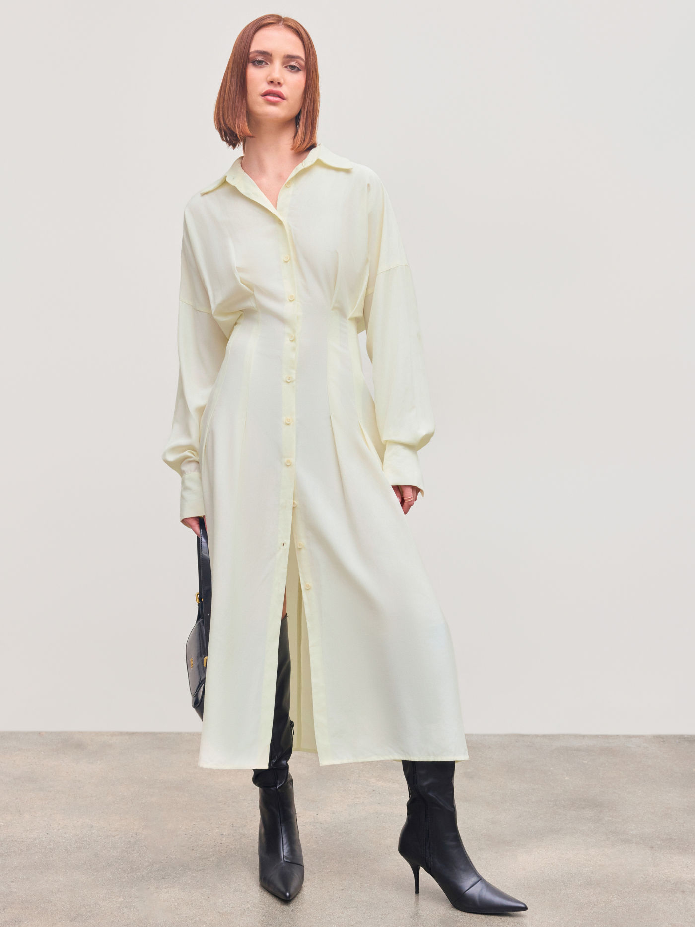 Collar Solid Pleated Button Midi Shirt Dress