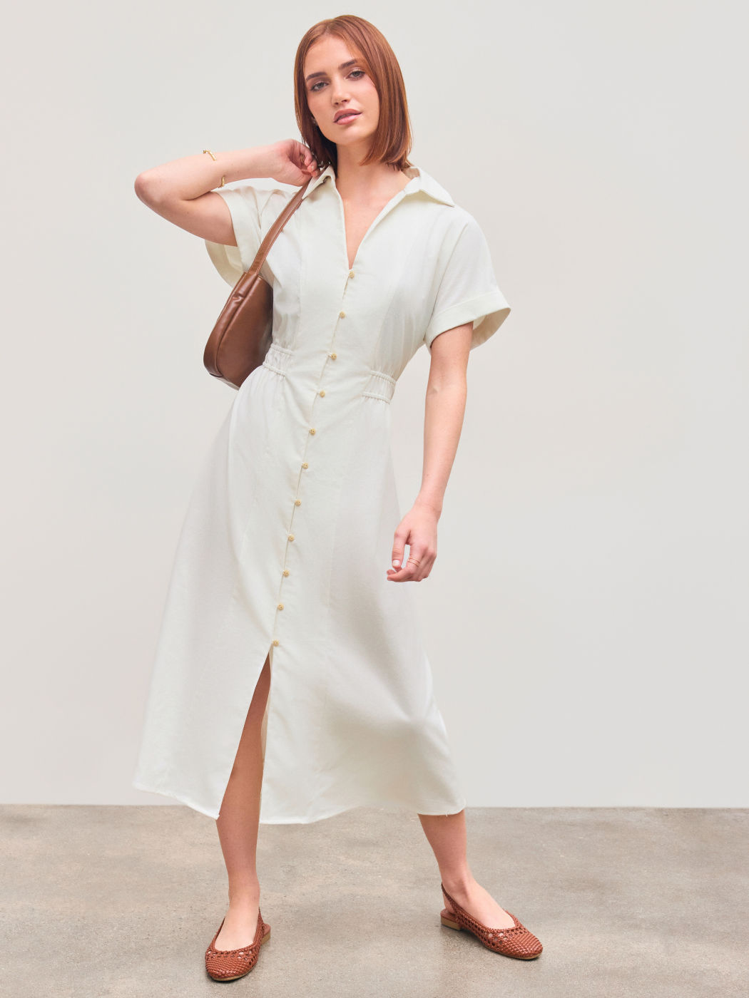 Linen-blend Collar Solid Shirred Button Midi Shirt Dress