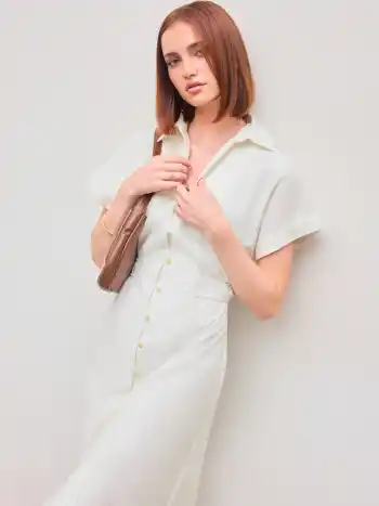 Linen-blend Collar Solid Shirred Button Midi Shirt Dress
