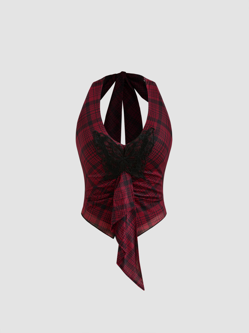 Mesh Halter Neckline Check Butterfly Crop Top