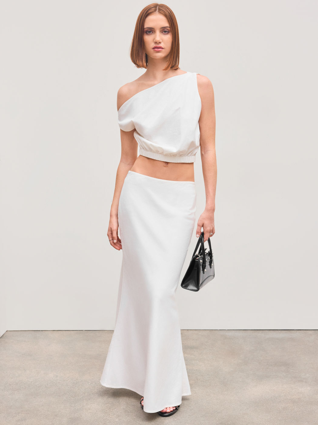 Cotton-blend Asymmetrical Neck Solid Crop Top With Mid Rise Solid Ruffle Maxi Skirt 