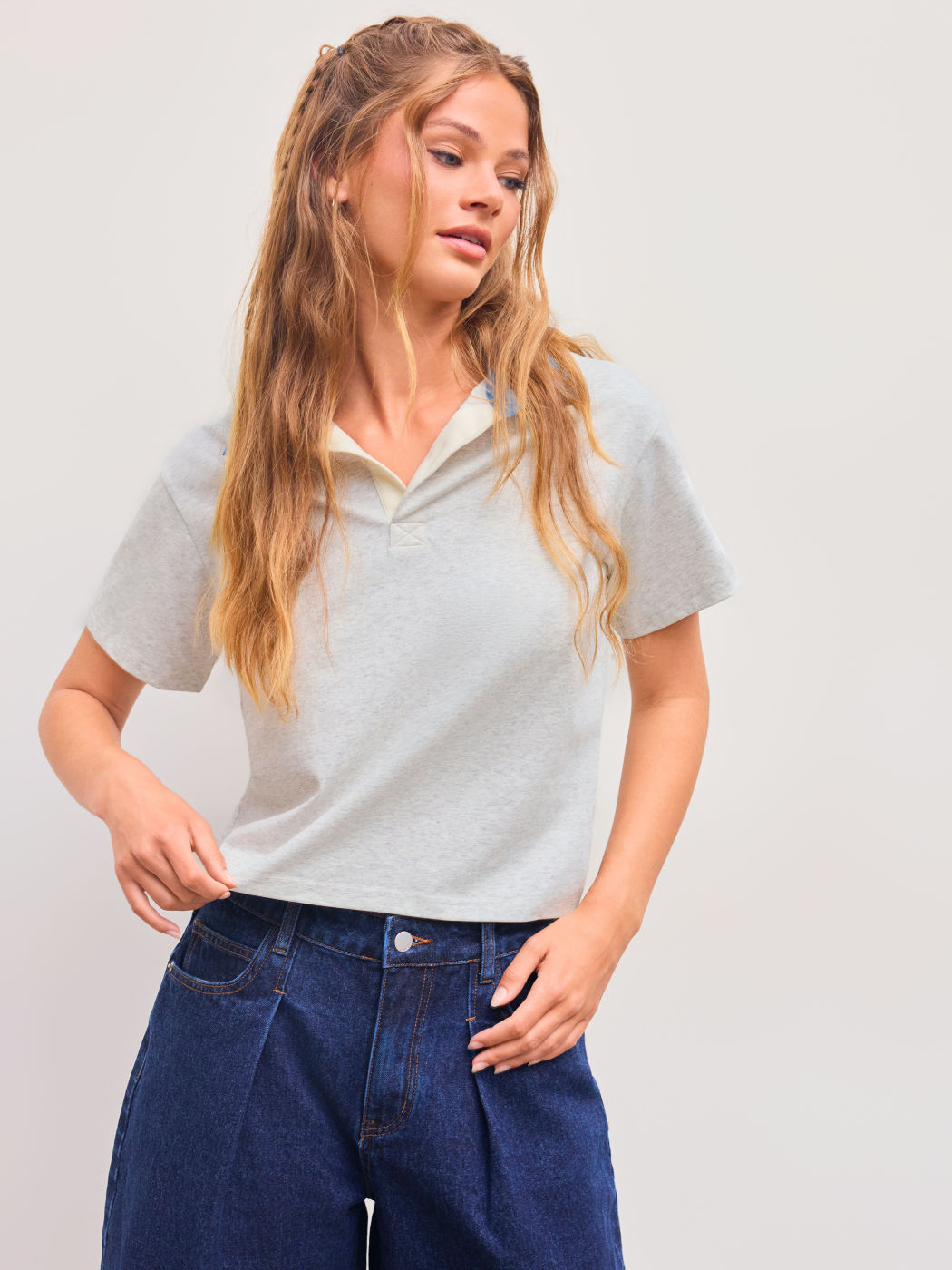 Cotton-blend Collar Solid Button Short Sleeve Tee
