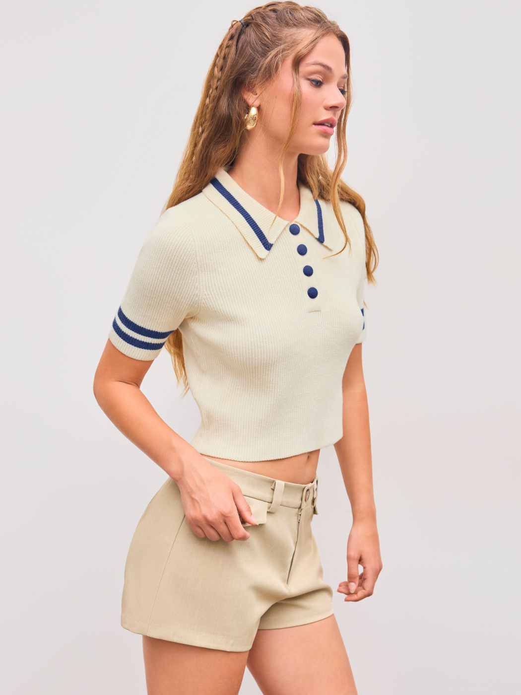 Knit Polo Contrasting Binding Button Crop Top