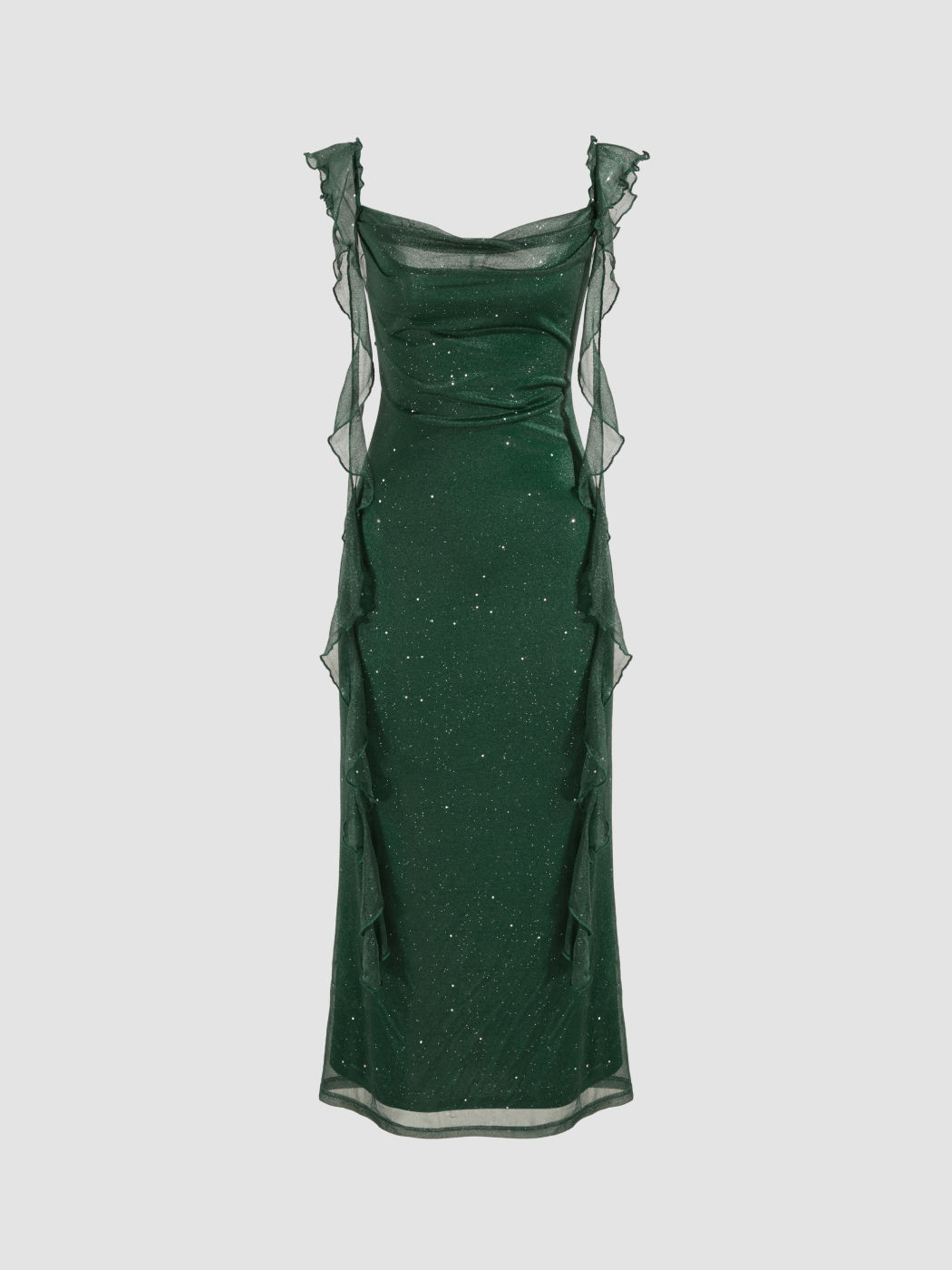 Maxikleid mit Rundhalsausschnitt, einfarbigem Glitzerstoff und Spitzenrand