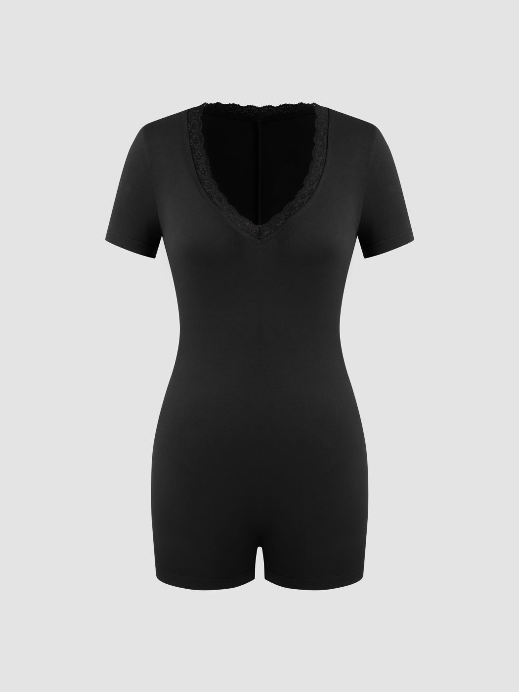 V-neck Lace Trim Solid Lounge Romper