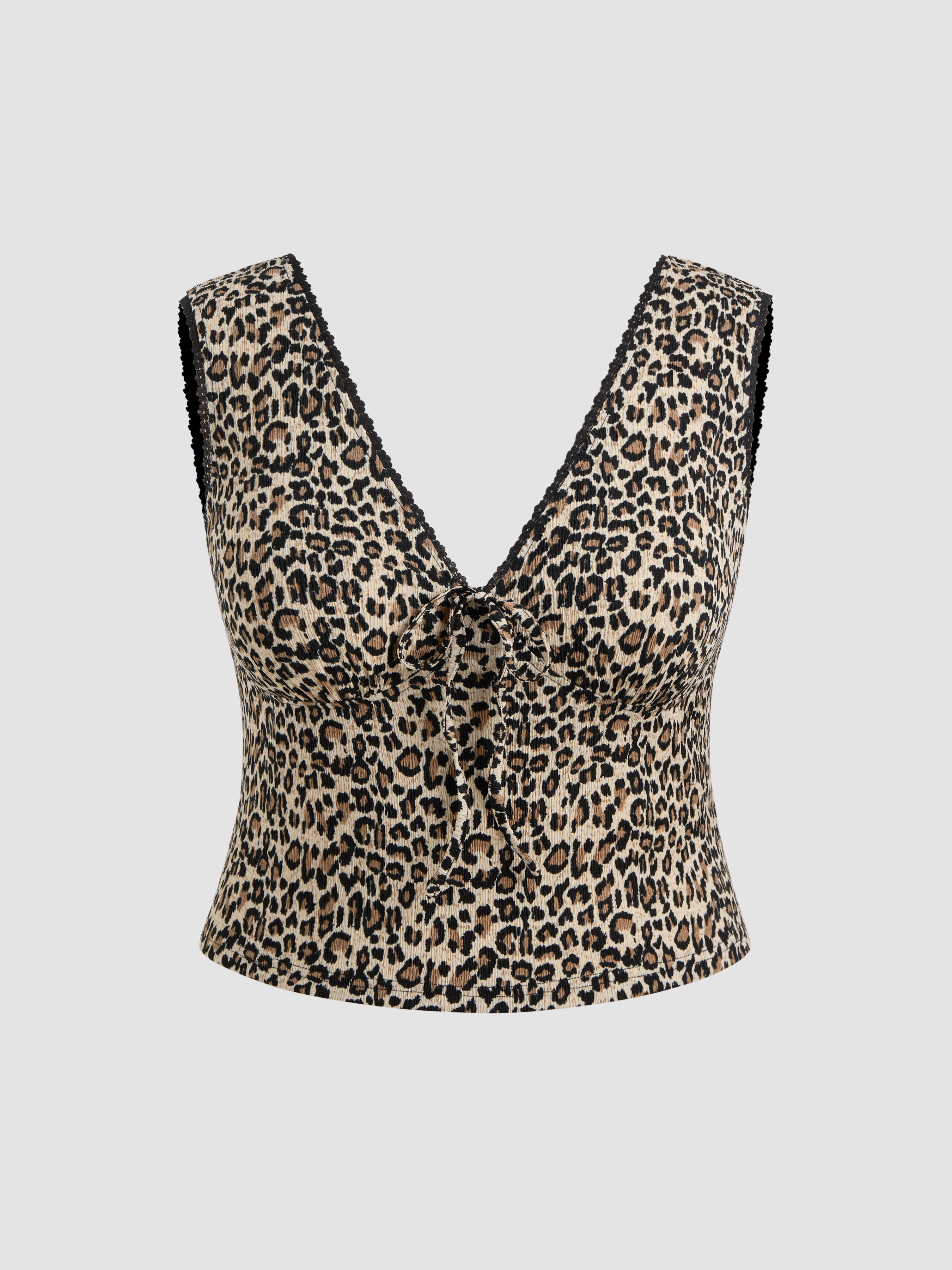 Knit Fabric V-neck Leopard Lace Trim Tank Top Curve & Plus For
