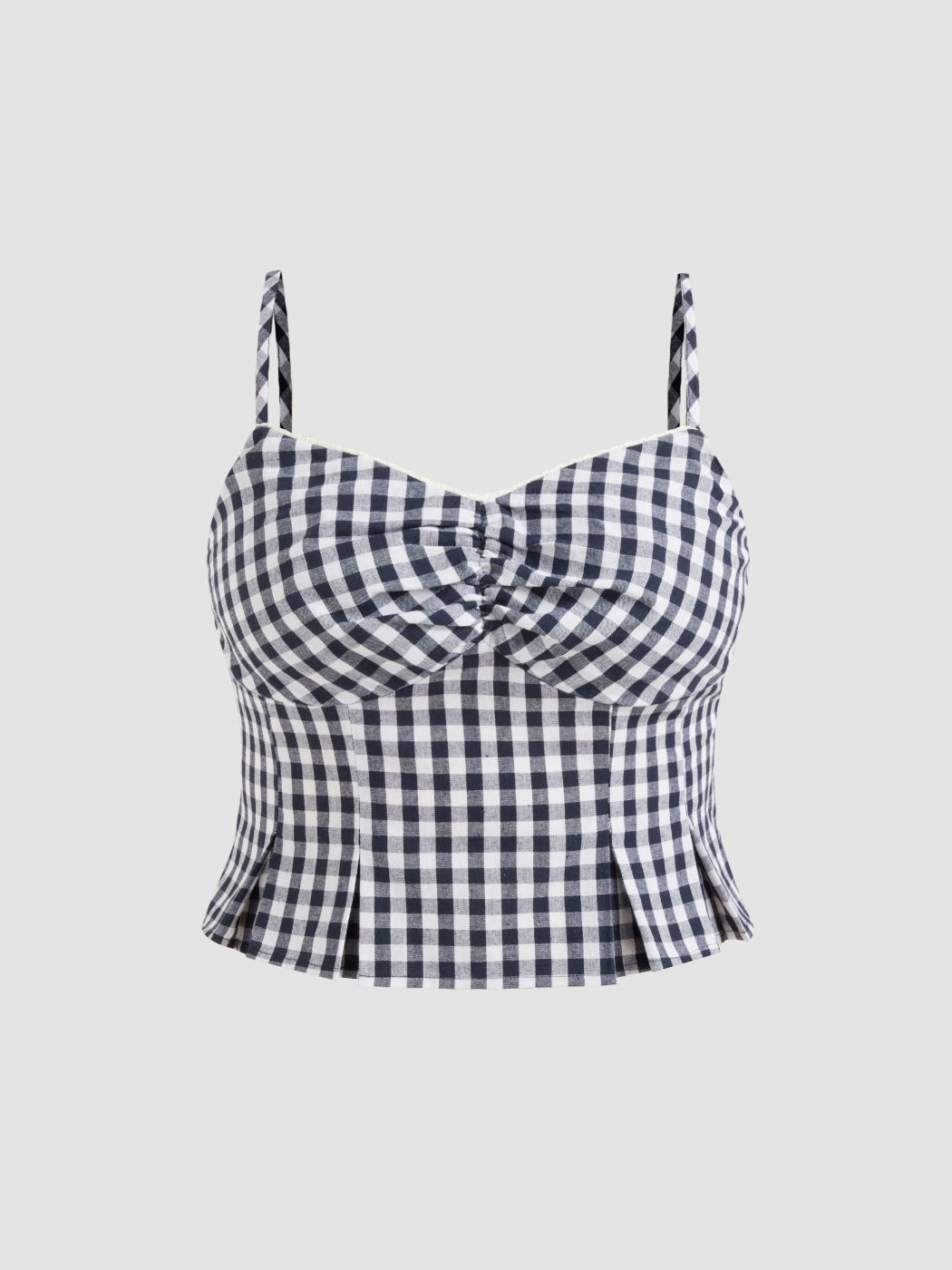 Cotton-blend V-neck Check Shirred Cami Top Curve & Plus