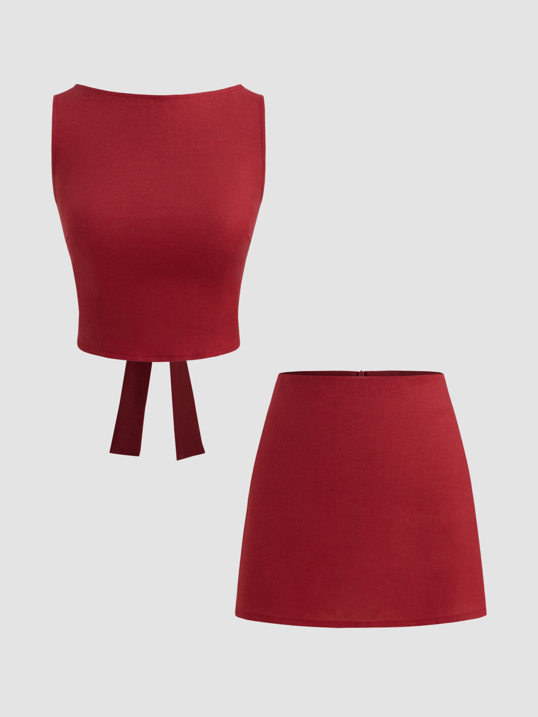Leinen-Mischung Bootshals Einfarbener Knoten Crop Top mit Einfarben Mini-Skirt