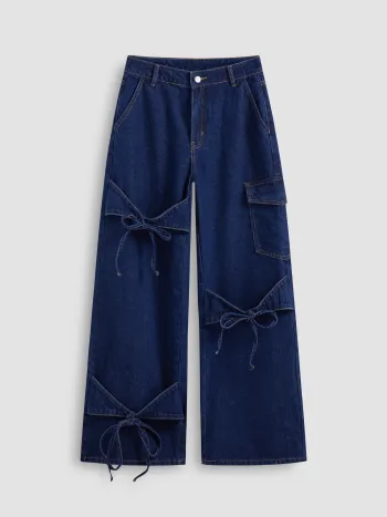 Cider Denim Low-Rise Einfarbige Jeans mit Schleife und Taschen, Weite Beine