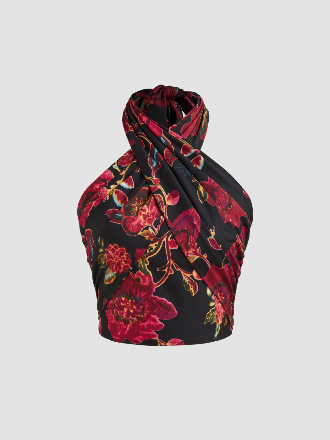 Halter Neckline Floral Knotted Shirred Crop Top