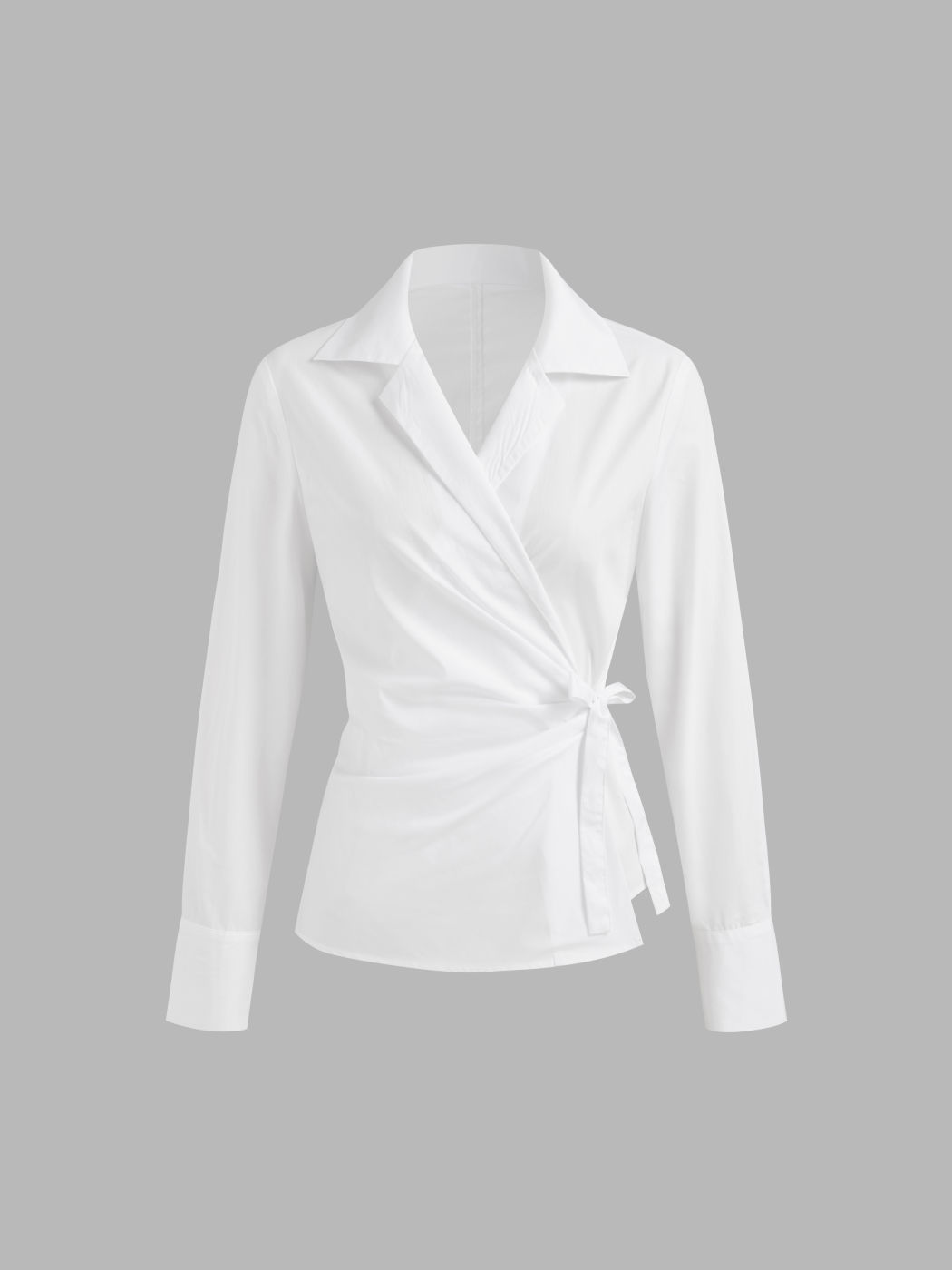 100% Cotton Collar Solid Wrap Knotted Long Sleeve Shirt