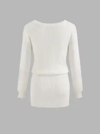 Knit Boat Neckline Solid 	Long Sleeve Mini Dress