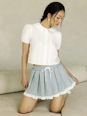 100% Cotton Doll Collar Solid Knotted Short Sleeve Shirt