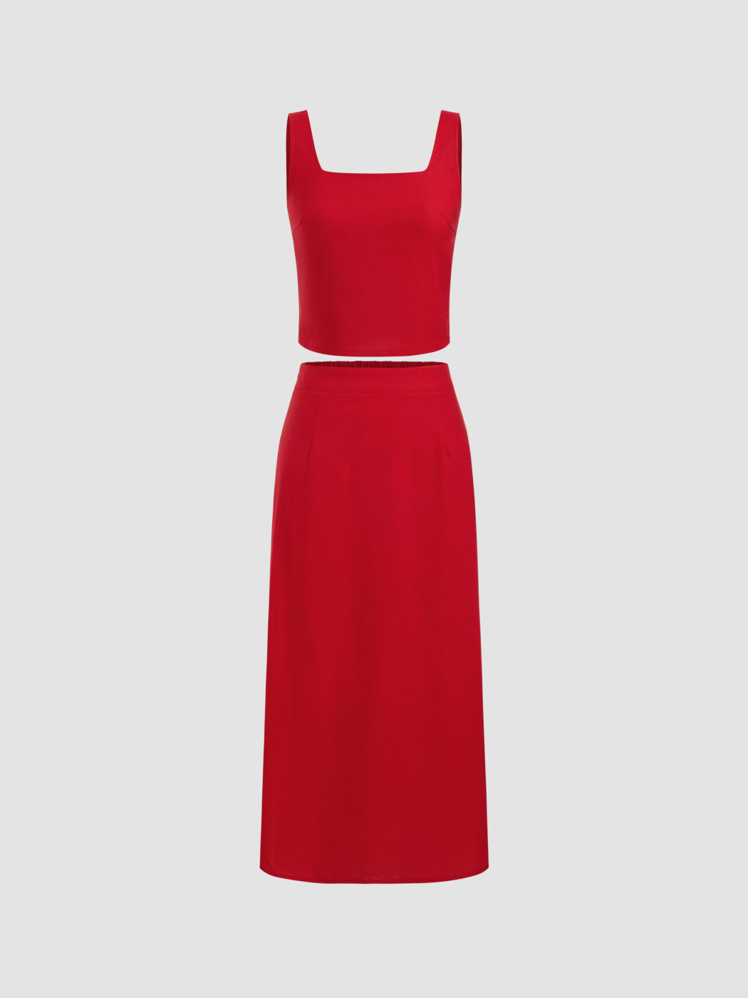 Linen-blend Square Neck Solid Button Crop Tank Top With Mid Rise Split Zipper Maxi Skirt 