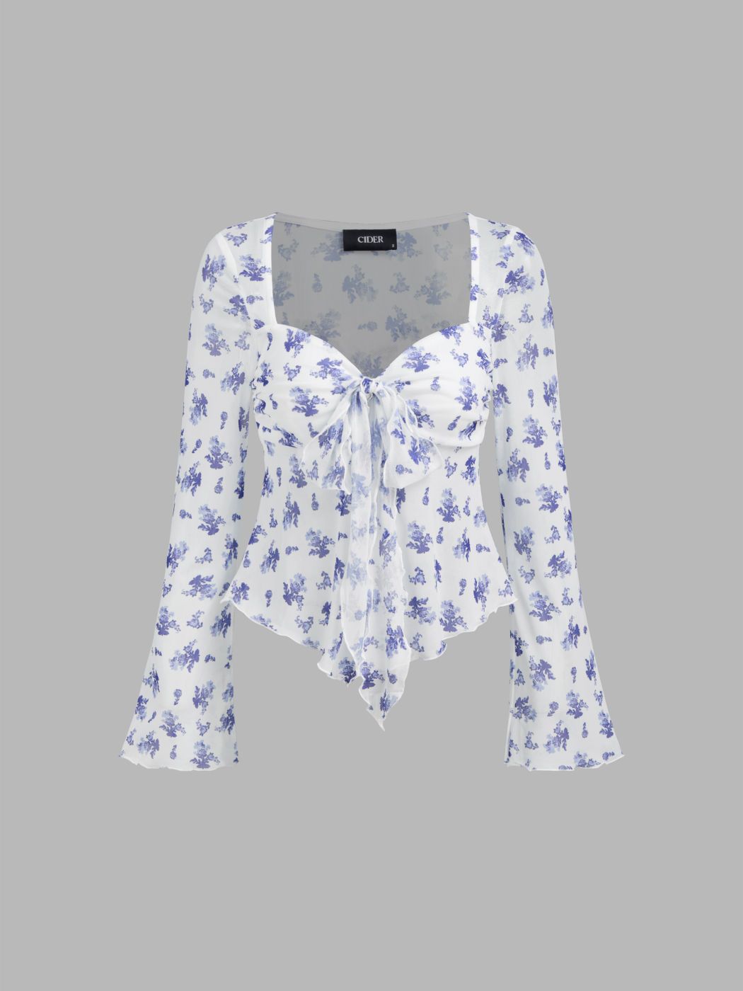 Mesh Sweetheart Neckline Floral Knotted Long Sleeve Top