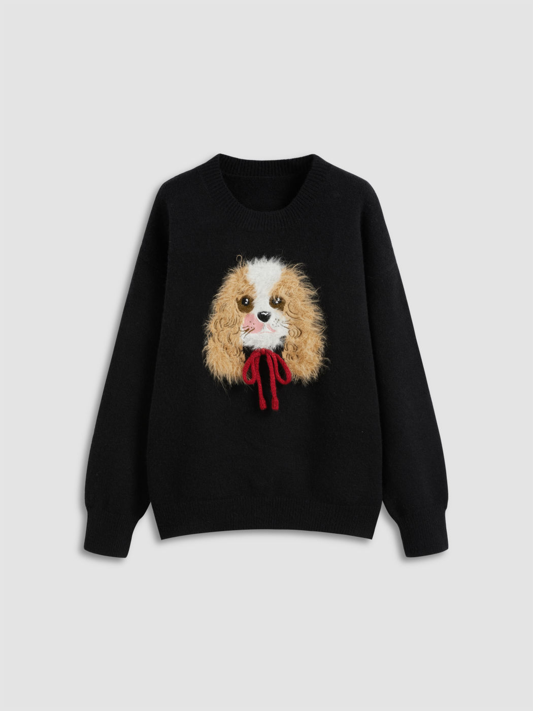 Knit Round Neckline Plush Dog Graphic Bowknot  Sweater