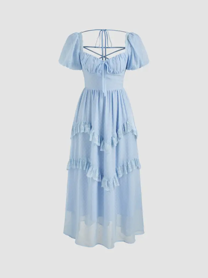 Chiffon Chiffon Sweetheart Neckline Polka Dot Tiered Lace Trim Maxi Dress  For Date