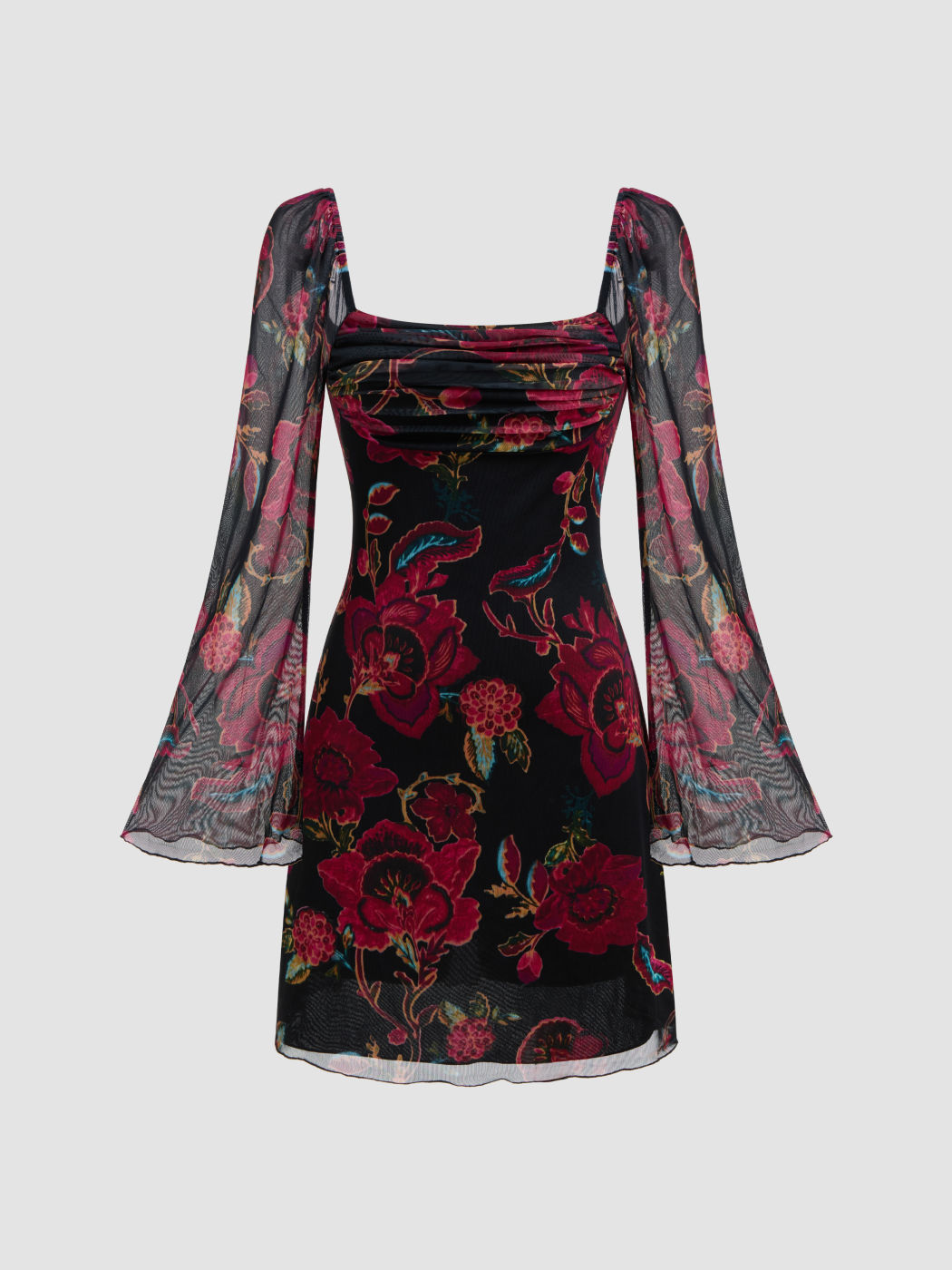 Square Neck Floral Lettuce Trim Ruched Mini Dress