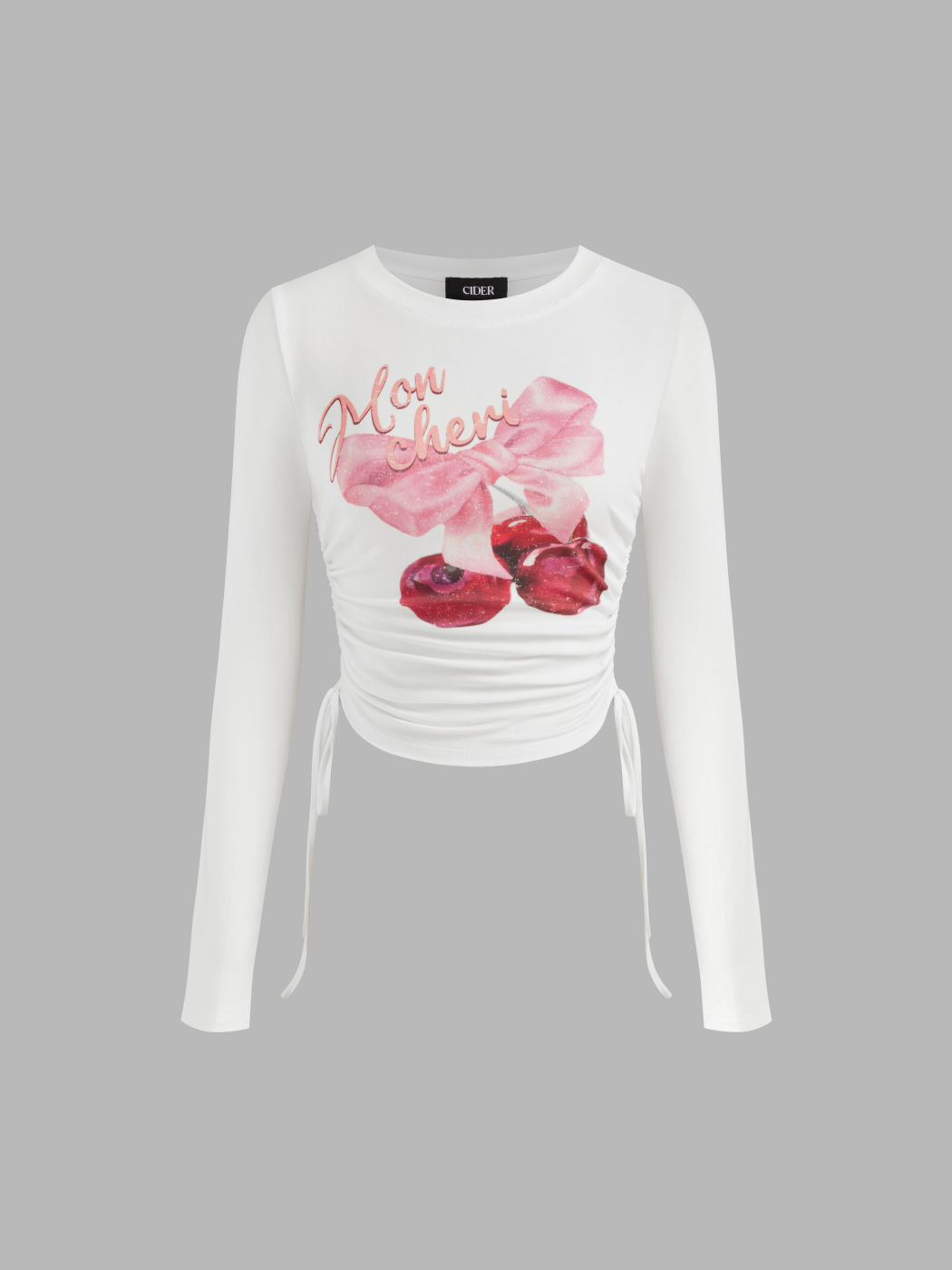 Mon Cheri Round Neckline Cherry Bowknot Graphic Drawstring Long Sleeve Top