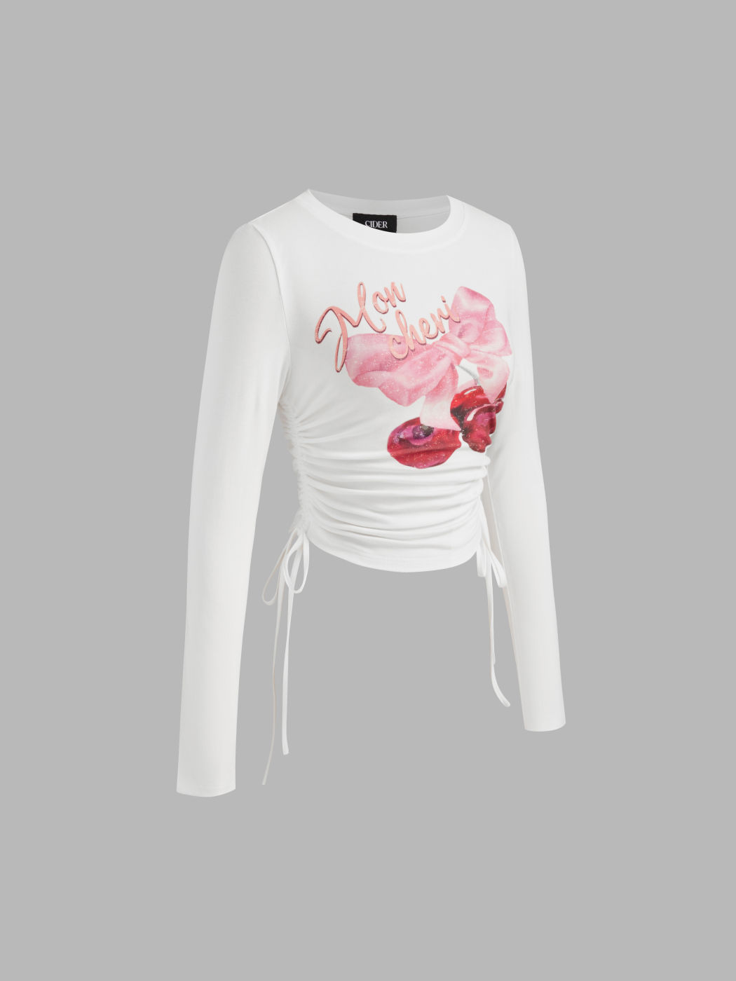 Mon Cheri Round Neckline Cherry Bowknot Graphic Drawstring Long Sleeve Top