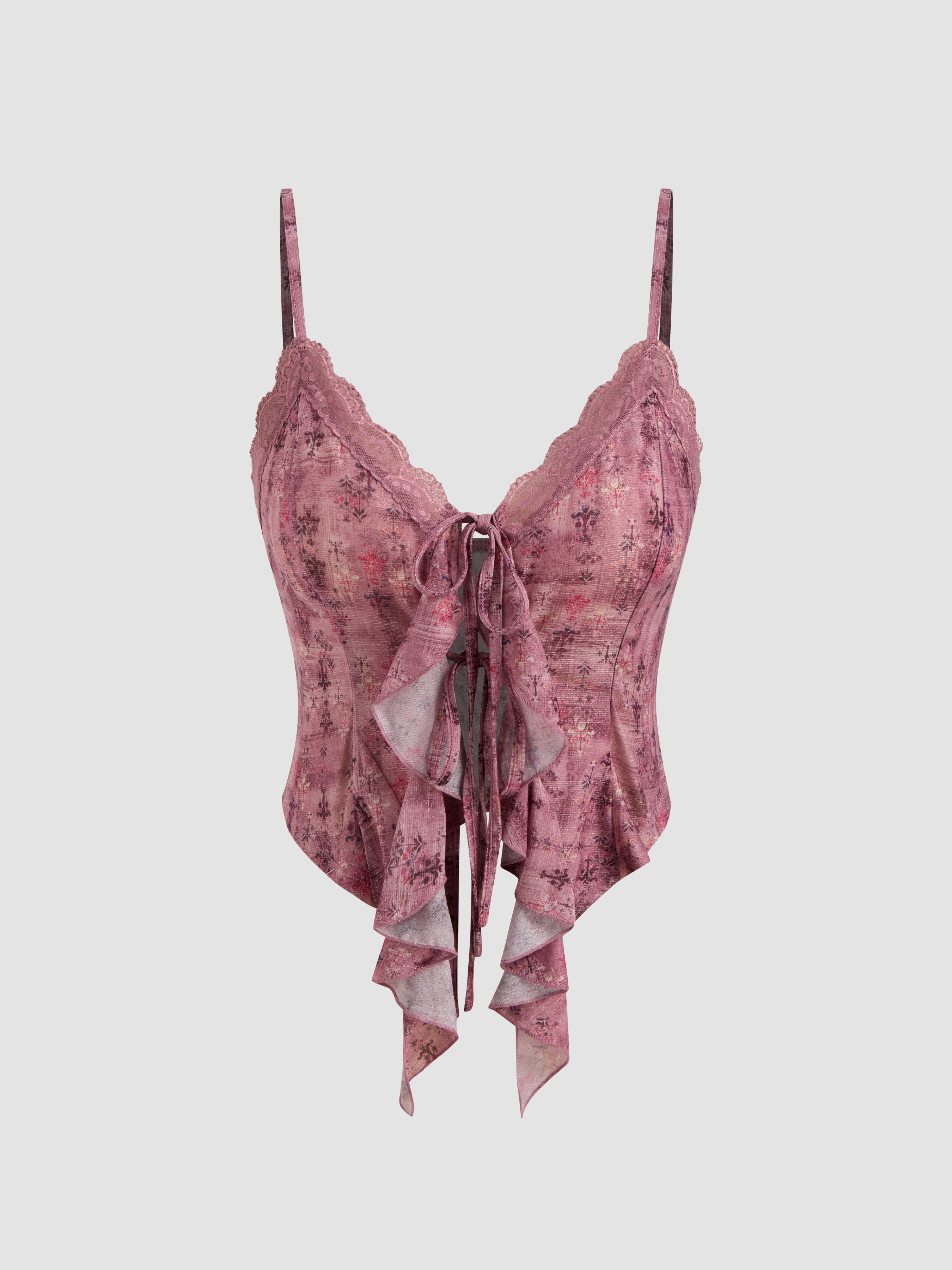 CIDER Knit Fabric V-neck Floral Tie Front Bow Lace Ruffle Hem Crop Cami Top For Vacation