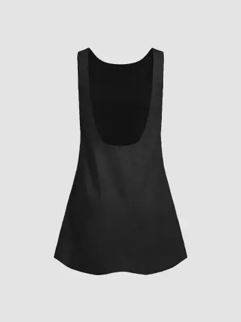 Linen-blend Scoop Neckline Solid Backless Pocket Sleeveless Mini Dress
