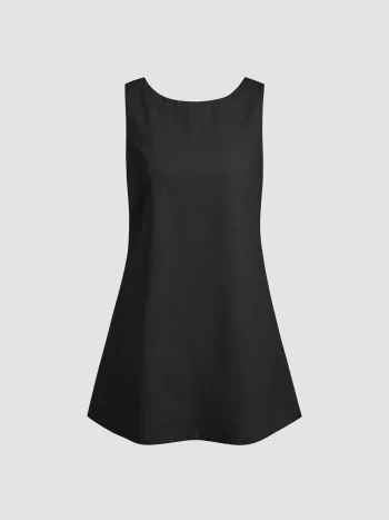 Linen-blend Scoop Neckline Solid Backless Pocket Sleeveless Mini Dress