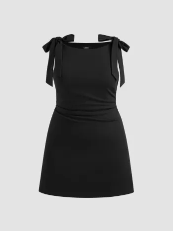 Boat Neck Solid Ruched Bowknot Mini Dress Curve & Plus