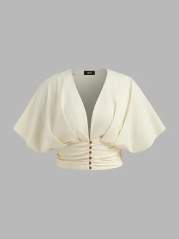 Cotton-blend V-neck Solid Ruched Button Top Curve & Plus