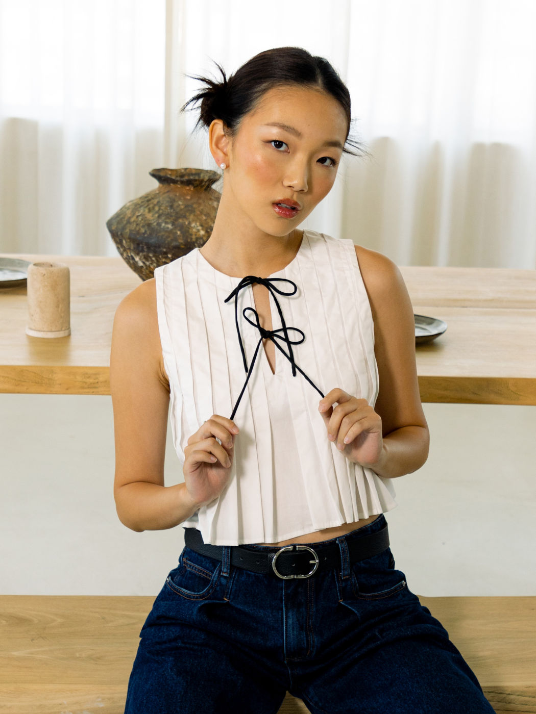 100% Cotton Round Neckline Solid Pleated Knotted Crop Top