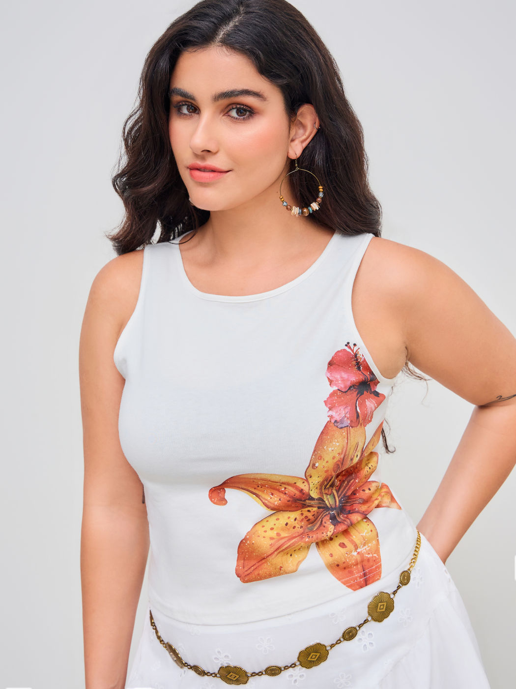 Cotton-blend Round Neckline Floral Tank Top Curve & Plus