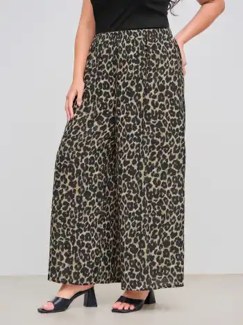 Gewebte Mittelbund-Hosen mit elastischem Bund, Leopardmuster, Taschen und breiten Beinen Kurve & Plus