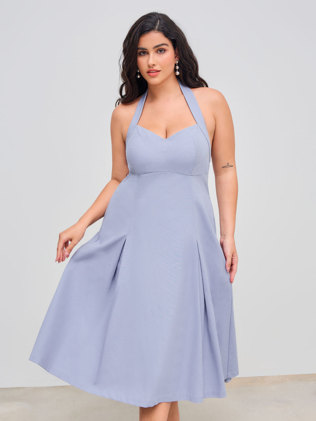 Linen-blend V-neck Halter Solid Pocket Midi Dress Curve & Plus