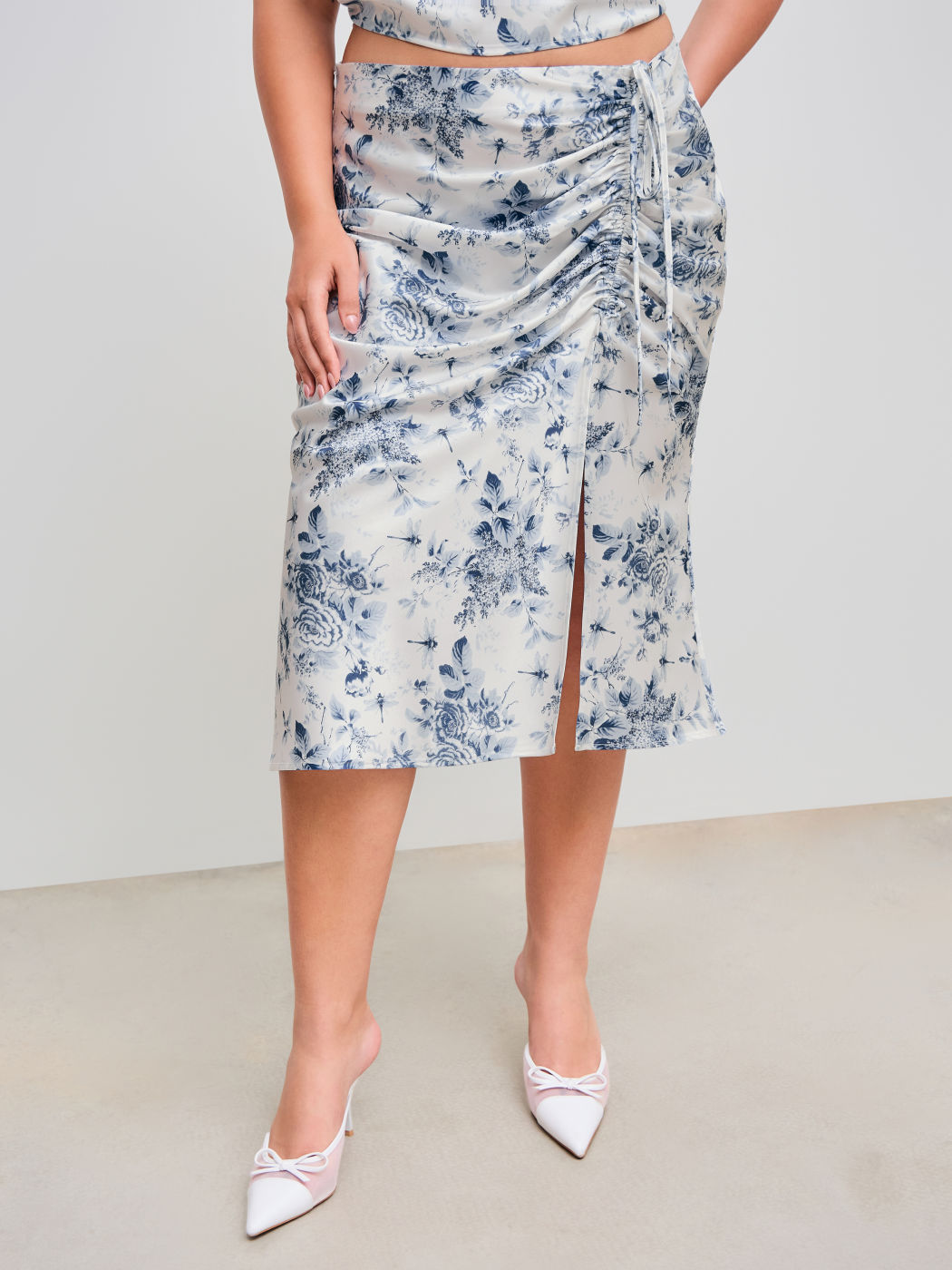 Woven Mid Rise Floral Drawstring Split Midi Skirt Curve & Plus