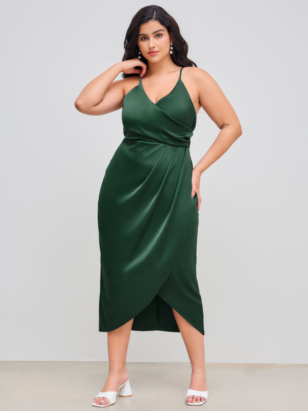 Satin V-neck Wrap Knotted Midi Dress Curve & Plus