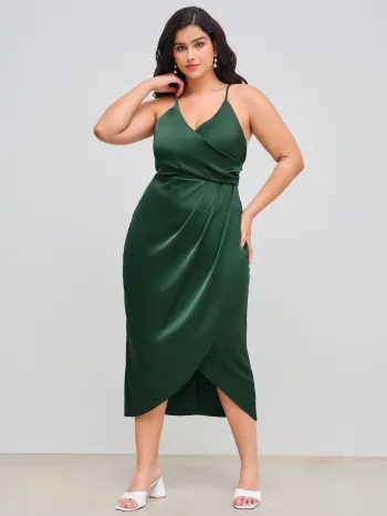  Satin V-neck Wrap Knotted Midi Dress Curve & Plus