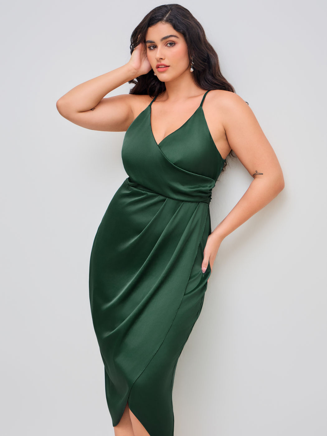Satin V-neck Wrap Knotted Midi Dress Curve & Plus